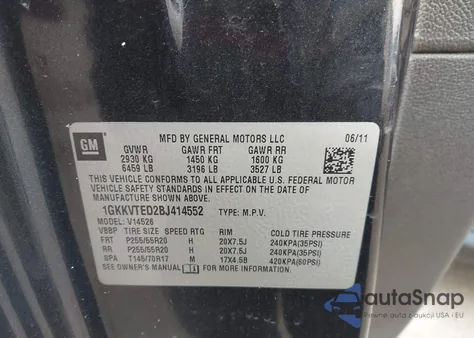 2011 GMC Acadia Denali z USA, uszkodzony, nr VIN 1GKKVTED2BJ414552